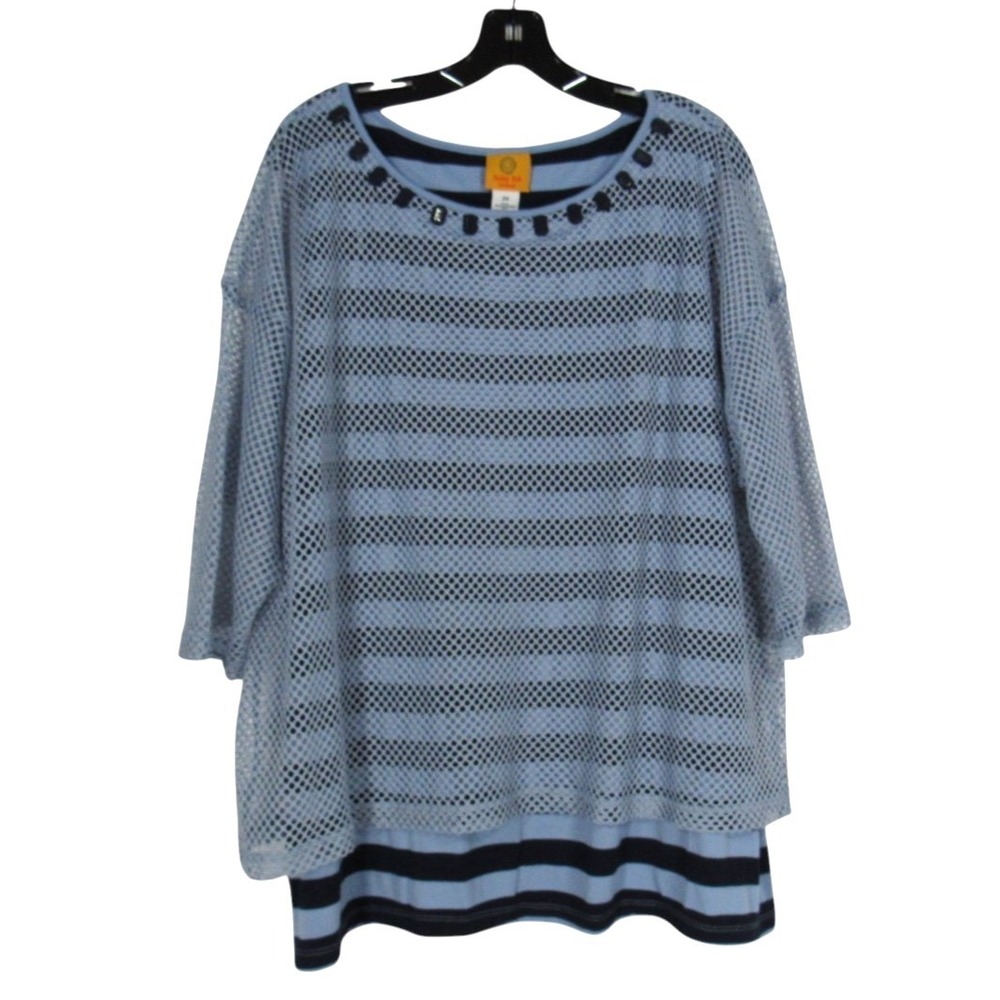 RUBY RD. WOMAN Blue MESH OVERLAY Striped Knit BEADED NECKLINE Blouse/Top Sz 2X